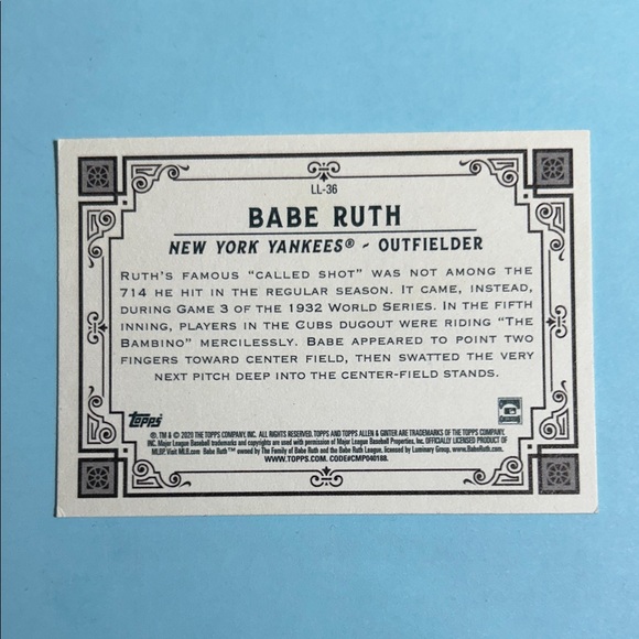 2020 Topps Allen & Ginter Longball Lore Babe Ruth’s ‘Called Shot’ ,Card #LL-36 - Picture 2 of 2